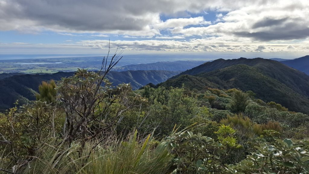 View down a mountain ridge from a high point. 